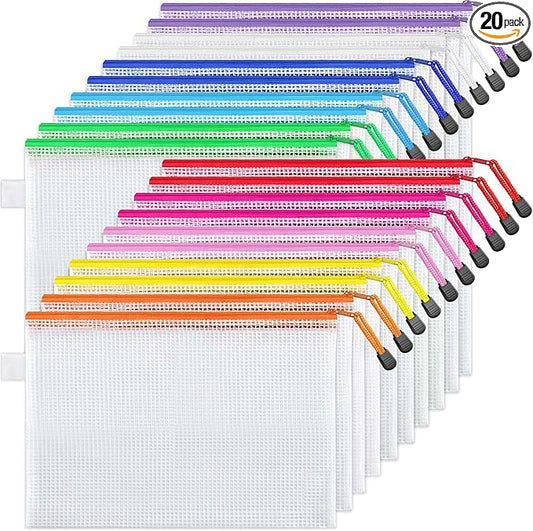 JARLINK 20 Pack 10 Colors Zipper Mesh Document Pouch, Letter Size/A4 Size, Plastic Water-Resistant File Bags, for School Office Supplies Cosmetics Travel Storage, Assorted Color