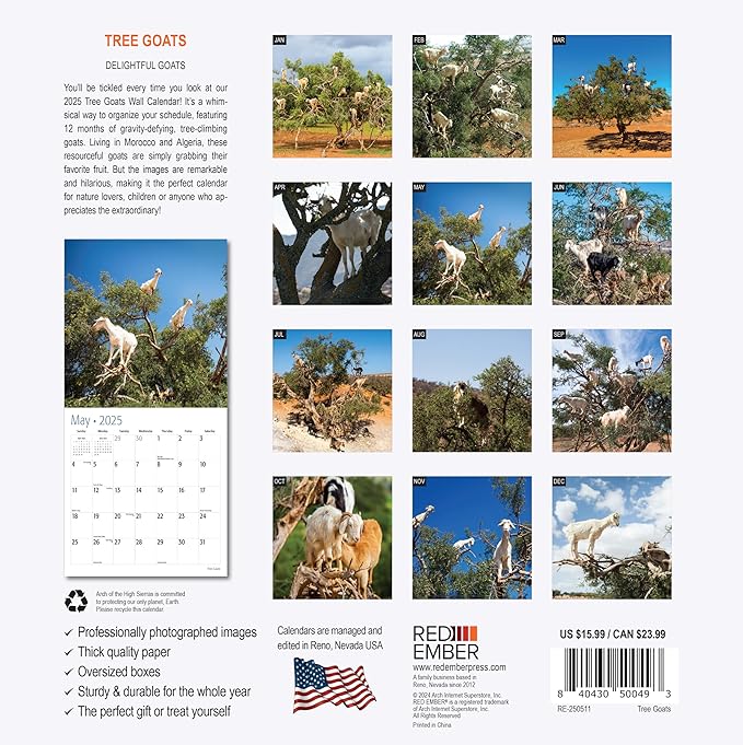 RED EMBER Tree Goats 2025 Wall Calendar 12 Month | 12" x 24" Open | Thick & Sturdy Paper | Giftable | Calendar 2025