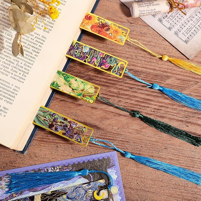 6pcs Metal Bookmarks with Tassel, Van Gogh Oil Painting Theme Vintage Bookmarks, Book Lover Gifts for Women, Golden Hollow Bookmarks, Fancy Aesthetic Bookmarks for Book Lovers, Stocking Stuffers