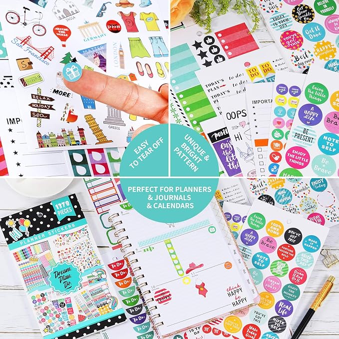 Planner Stickers - 28 Sheets, 1378 Stunning Design Accessories for Journals and Calendars, Essential Planner Accessories by Tullofa - Green