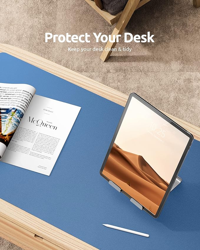 YSAGi Leather Desk Protector, Office Mat, Large Mouse Pad, Non-Slip PU Leather Blotter, Laptop Desk, Waterproof Writing Pad for Office and Home (Sea Blue, 35.4" x 17")