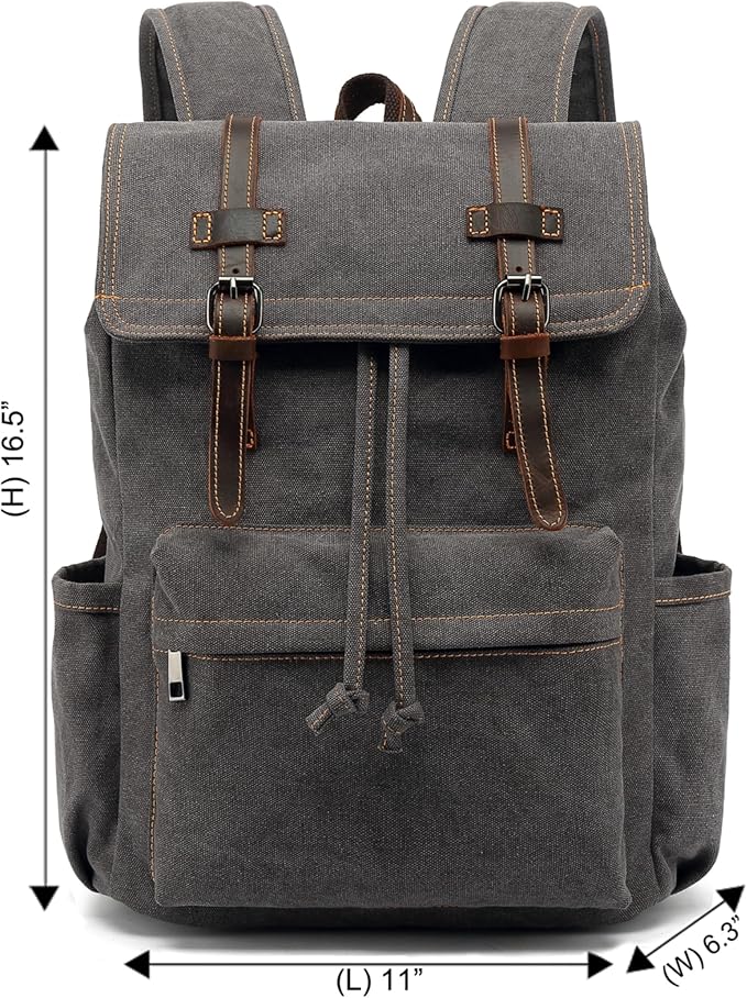 HuaChen Vintage Canvas Backpack, Mens Travel Leather Rucksack for Laptop Hiking Bag (M83_Grey)