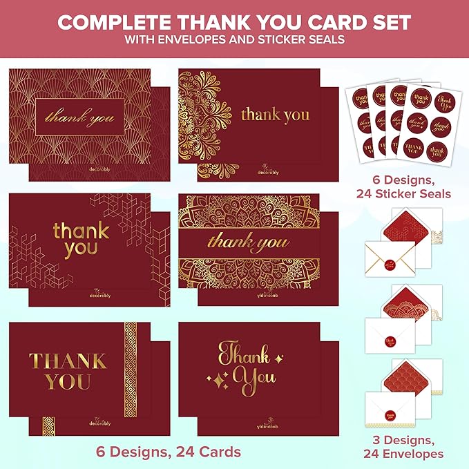 Decorably 24 Pack Gold-Foiled 6x4in Red Thank You Cards with Envelopes and Stickers, 6 Elegant Designs Red and Gold Thank You Cards, Blank Inside - Wedding, Holidays