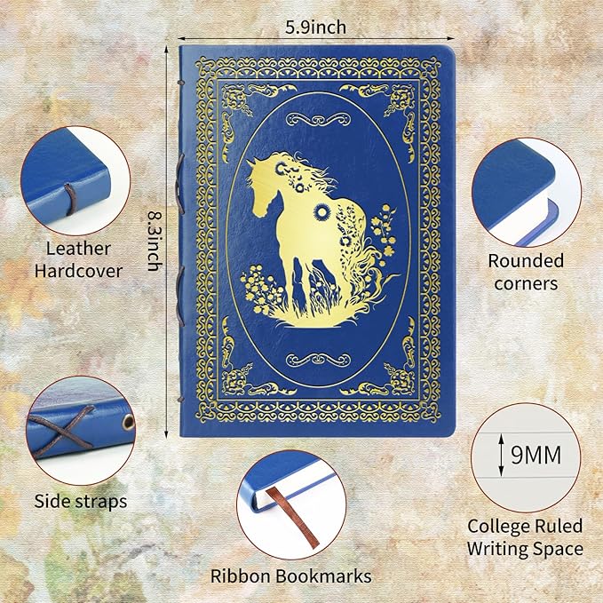 Dark Blue A5 Horse Gifts for Women Girls Faux Leather Vintage Notebook Inspirational Horse Trainer Gift Hardcover Executive Notebook,200 Pages 120 Gsm Thick Ruled Paper With Pen,Horse Lover Gifts Equestrian Gift (Horse Dark Blue)