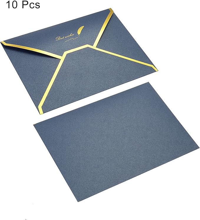 PATIKIL V Flap Envelopes, 10 Pack 7 x 5'' Luxury Style Gold Border Greeting Card Envelope for Invitations Weddings, Blue