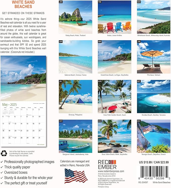 RED EMBER White Sand Beaches 2025 Wall Calendar 12 Month | 12" x 24" Open | Thick & Sturdy Paper | Giftable | Calendar 2025