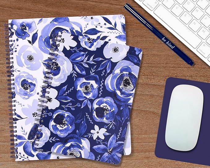 Steel Mill & Co Cute Floral Mini Spiral Notebook, 8.25" x 6.25" Journal with Durable Hardcover and 160 Lined Pages, Blue Watercolor