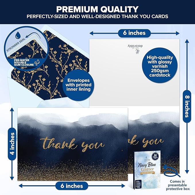 Decorably 24 Pack Glittery 6x4in Blue and Gold Thank You Cards with Envelopes and Stickers, 24 Elegant Designs Navy Blue Thank You Cards, Blank Inside - Birthday, Wedding, Anniversary