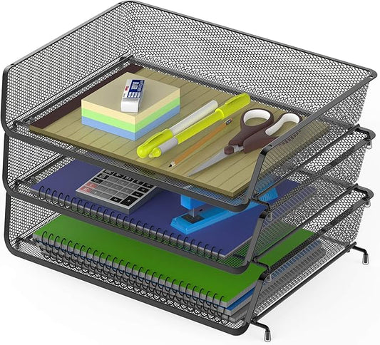 Simple Houseware 3-Pack Stackable Wide Entry Desk File Document Letter Tray, Black