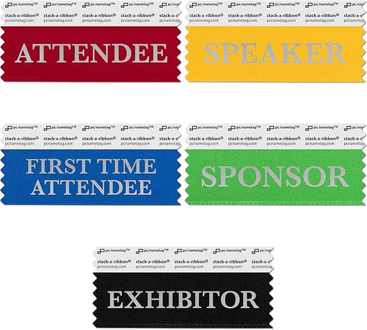 Conference Badge Ribbons with Adhesive, 3-1/2" x 1 5/8", 100pk (50 Attendee, 20 First Time, 10 Sponsor, 10 Exhibitor, 10 Speaker), Satin