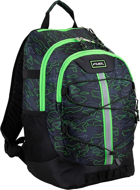 FUEL Hiking Backpack for Women Men Terra Sport, Travel, College, Gym, Work with Laptop Sleeve, Bungee, 18 Inches, Neon Outline Camo