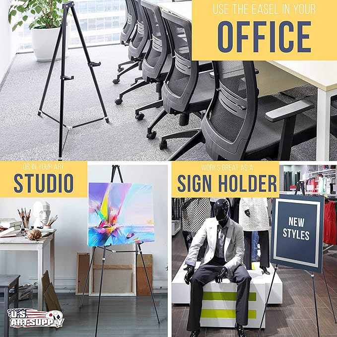 U.S. Art Supply 66" High Showroom Black Aluminum Display Easel and Presentation Stand (Pack of 10) - Large Adjustable Height Portable Floor and Tabletop Tripod, Holds 25 lbs, Paintings, Signs, Posters