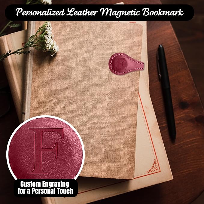 Personalized Leather Magnetic Bookmarks (1 Pack) Vintage Custom Engraved Initial ID Identification Book Marker Clip Gift for Book Lover Avid Readers (Letter F, Red)