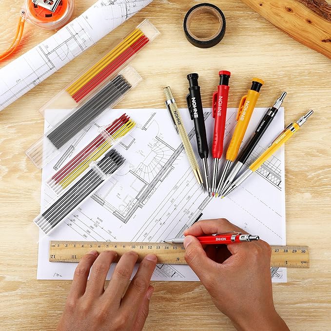 Enhon 6PCS Carpenters Pencils Mechanical Pencil Set with 24 Refills and Carbide Scriber Tool, Deep Hole Woodworking Pencils Joiners Pencil Carpenter Tools with Sharpener for Architect Construction