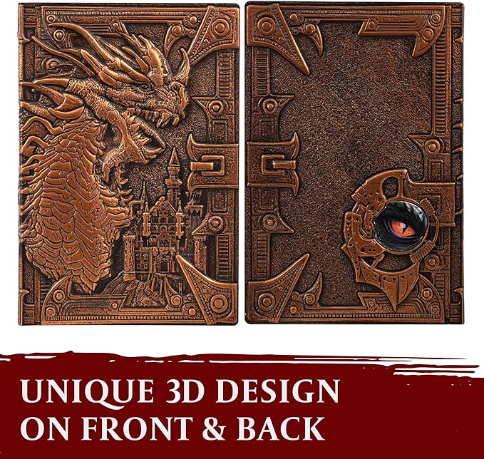 DND Notebook / Journal, Unique 200 Page Book with 3D Bronze Dragon Embossed Faux Leather Cover with Pen- Ideal for Dungeons & Dragons / D&D. Great RPG Accessories Gift for DM's & Players, Men or Women
