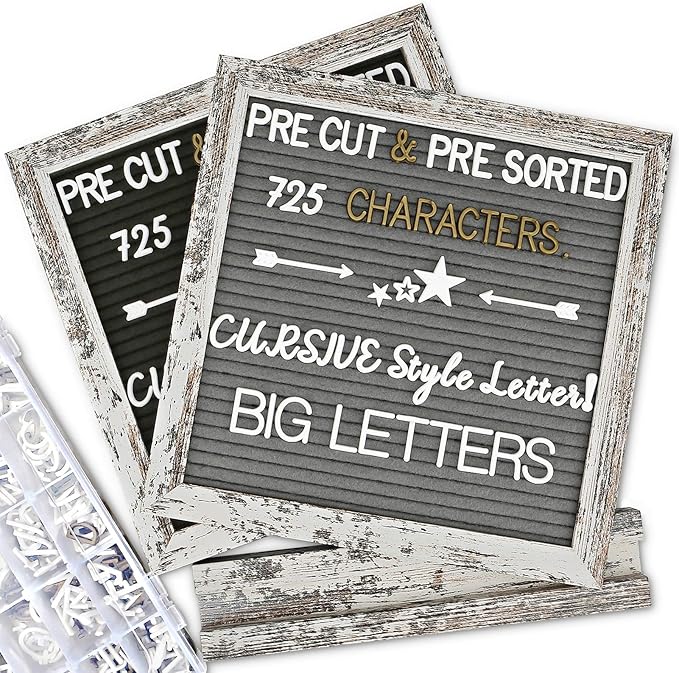 Double Sided Felt Letter Board with Rustic Wood Frame 10x10 Inch - Pre Cut & Sorted 725 Letters with Stand, Cursive Style Letters, Big Letters, Letter Organizer, Tabletop Display