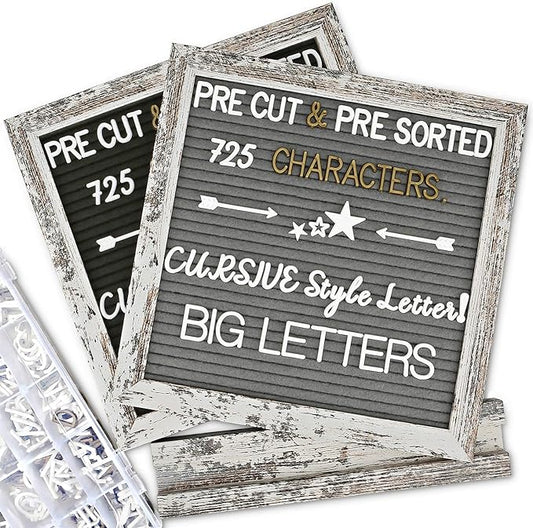 Double Sided Felt Letter Board with Rustic Wood Frame 10x10 Inch - Pre Cut & Sorted 725 Letters with Stand, Cursive Style Letters, Big Letters, Letter Organizer, Tabletop Display