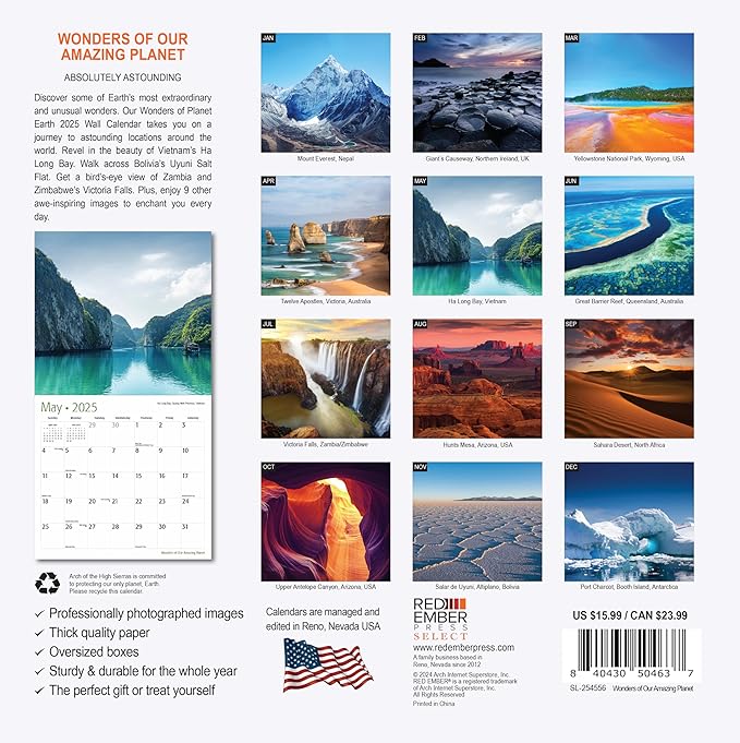 RED EMBER Select - Wonders of Our Amazing Planet 2025 Wall Calendar 12 Month | 12" x 24" Open | Thick & Sturdy Paper | Giftable | Calendar 2025
