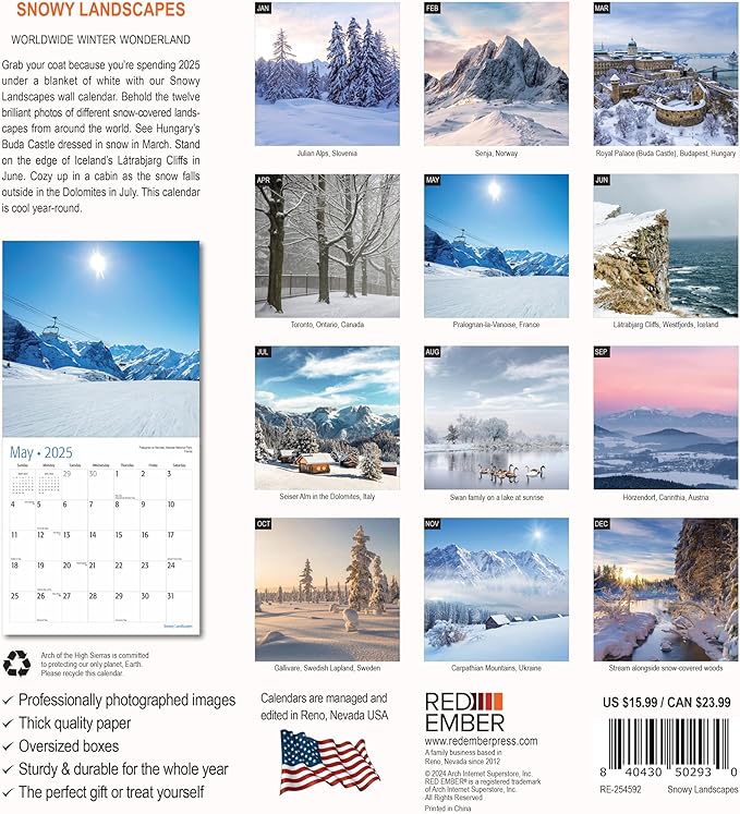 RED EMBER Snowy Landscapes 2025 Wall Calendar 12 Month | 12" x 24" Open | Thick & Sturdy Paper | Giftable | Calendar 2025