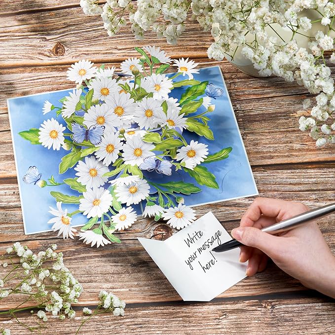 Daisy Pop Up Cards, White Daisy, Butterfly, 3D Greeting Cards, Gifts for Birthday, Mothers Day, Valentines Day, Mom, Wife, Girlfriend, Sister, 5x7 - Includes Envelope And Message Note