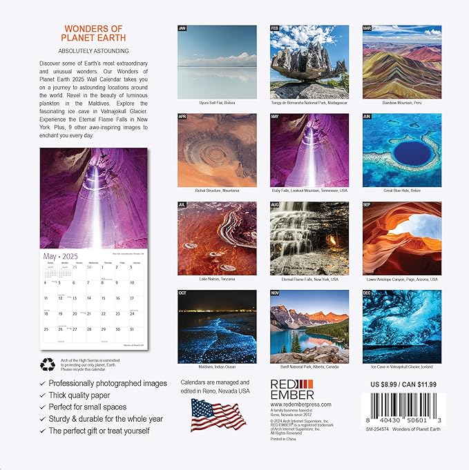 RED EMBER Wonders of Planet Earth Mini 2025 Wall Calendar 12 Month | 7" x 14" Open | Thick & Sturdy Paper | Giftable | Calendar 2025