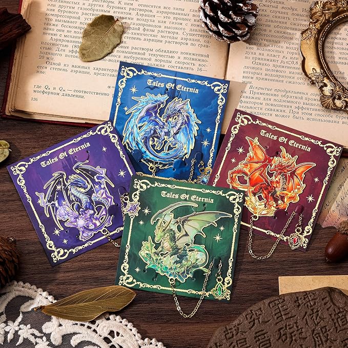Fantasy Fourth Wings Dragon Bookmarks -4 Designs: Fire Red,Ice Blue,Thunder Purple,Forest Green-Unique Cool Metal Book Marks for Men Women, Inspirational Gift for Kid, Readers, Book Lovers, Collectors