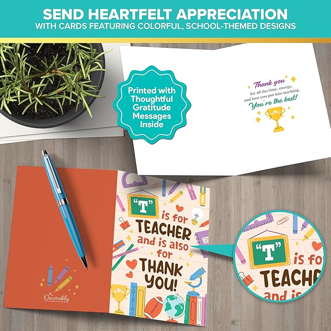 Decorably 24 Pack 4x6in Teacher Appreciation Cards with Envelopes and Stickers, 8 Colorful Designs Teacher Thank You Cards from Students with Printed Message Inside