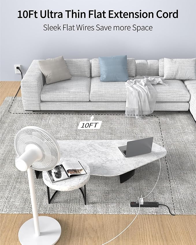 Surge Protector Power Strip(1875W/15A), 10 Ft Flat Extension Cord with 5 AC Outlets 4 USB Ports(2 USB C), 1700 Joules, Flat Plug, Wall Mount for Home Office, Dorm Essentials, Black