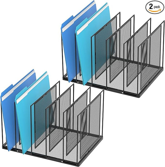 Inclined Desktop File Sorter, 5-Section Vertical File Folder, Mail Sorter Organizer for file holders, Metal File Organizer, Desktop File Folder Organizer for Office Classroom, Black 2 PACK