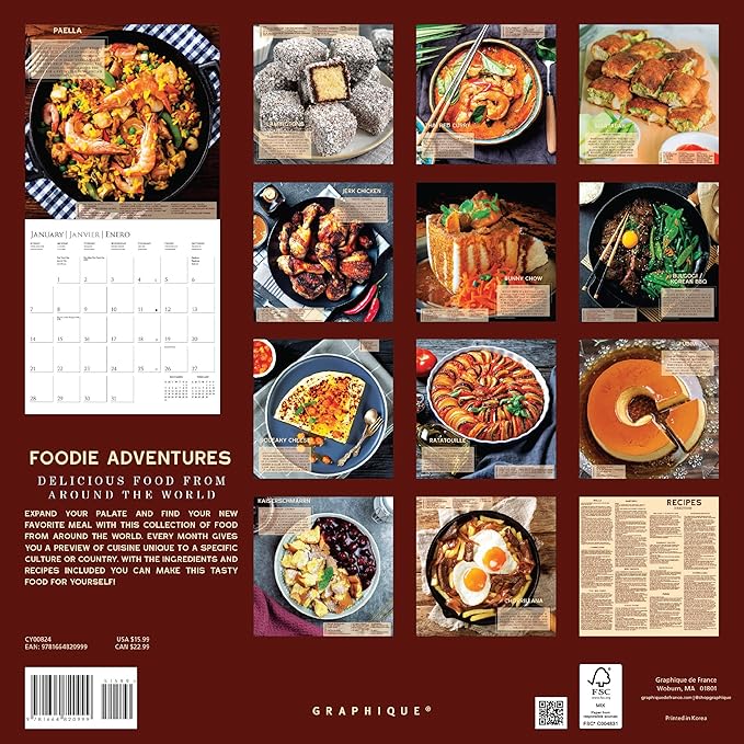 Graphique 2024 Foodie Adventures Wall Calendar | 12” x 12” | Thick Paper | Home & Office Organizer | Large Monthly Grid | 3 Languages & Marked Holidays | 4 Month Preview Page for 2025