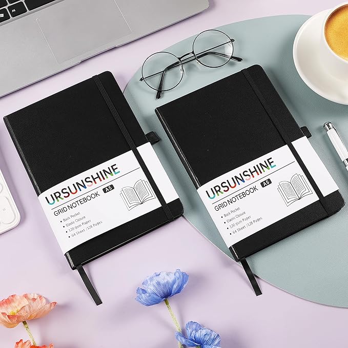 Graph Grid Paper Notebook/Journal - Classic Journal/Notebook with Ribbon Divider, Hardcover with Thick Paper, 5.3" x 8.26", Banded + Pen Holder +Inner Pocket - Black