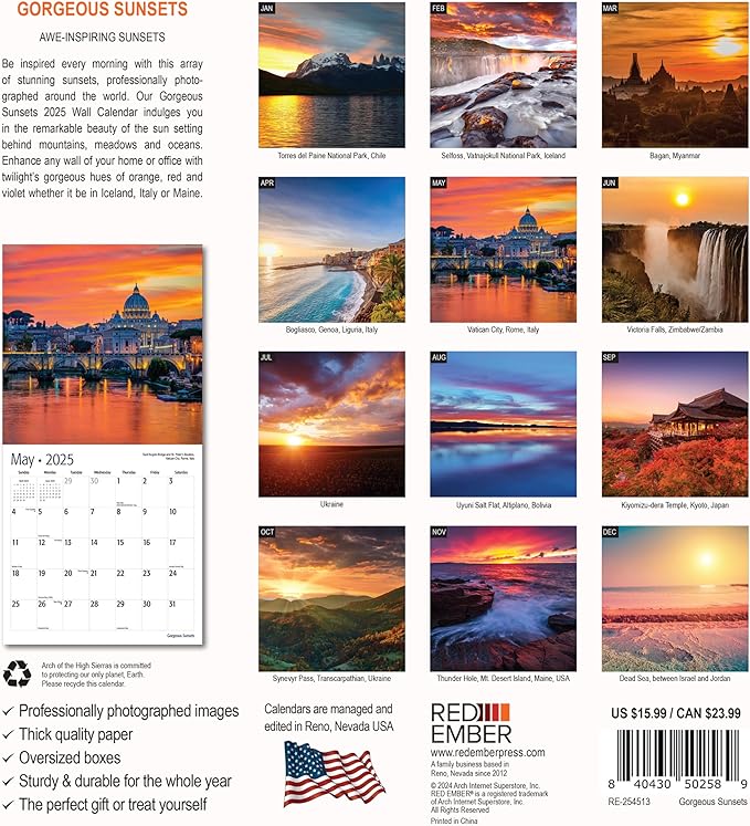 RED EMBER Gorgeous Sunsets 2025 Wall Calendar 12 Month | 12" x 24" Open | Thick & Sturdy Paper | Giftable | Calendar 2025