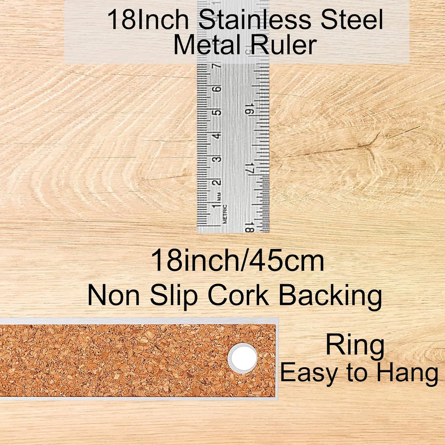 Metal Ruler 18 Inch: [1 Pieces 18 Inch] Non-Slip Cork Backing Rulers with Inch and Centimeters Prevent Ink Leakage:for School Office Drawing Engineering