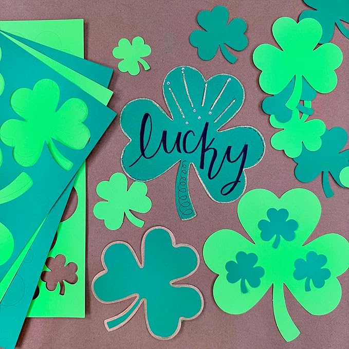 FreshCut Crafts 140 Piece Shamrock Cutouts Set: Pre-Cut Green Irish Clover Shapes for School Supplies, Decorating Themed Events Bulletin Board & St. Patrick's Day Decor, US Made Quality Card Stock