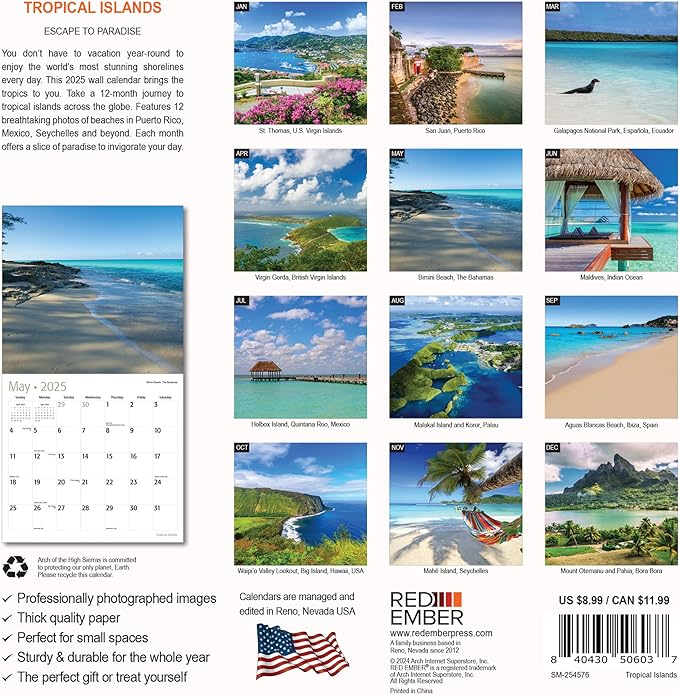 RED EMBER Untamed & Beautiful Tropical Islands Mini 2025 Wall Calendar 12 Month | 7" x 14" Open | Thick & Sturdy Paper | Giftable | Calendar 2025