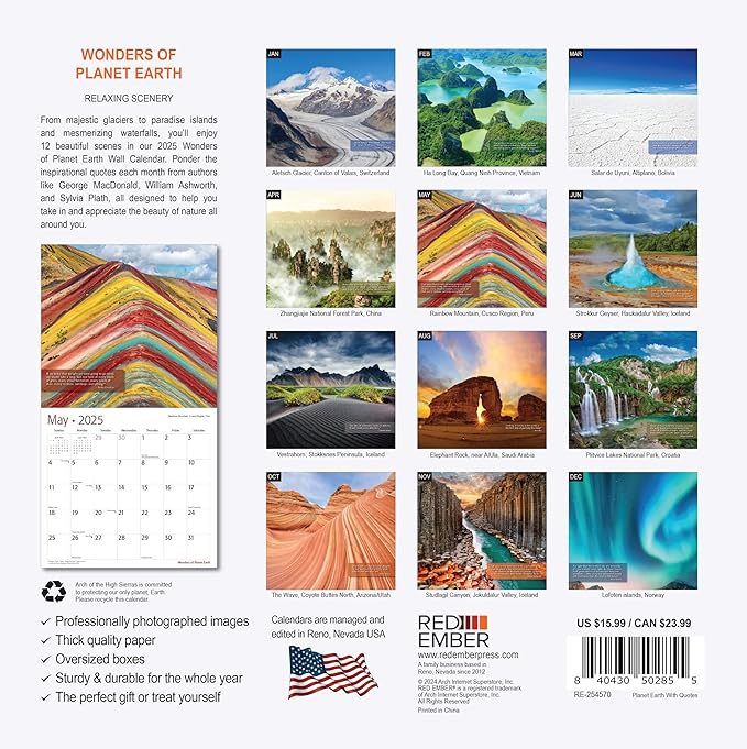 RED EMBER Wonders of Planet Earth with Quotes 2025 Wall Calendar 12 Month | 12" x 24" Open | Thick & Sturdy Paper | Giftable | Calendar 2025