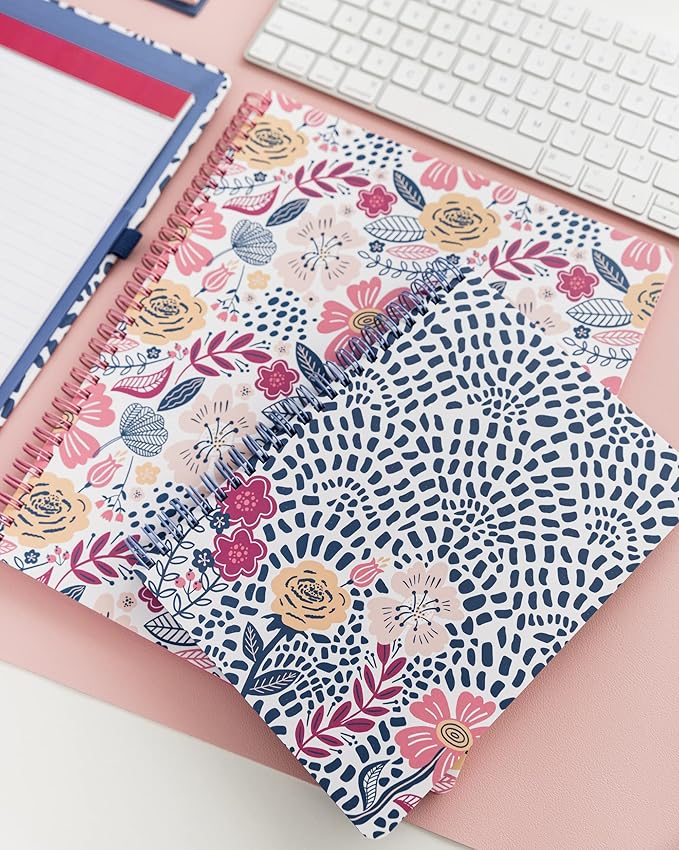 Steel Mill & Co Cute Mini Spiral Notebook, 8.25" x 6.25" Journal with Durable Hardcover and 160 Lined Pages, Mosaic Floral