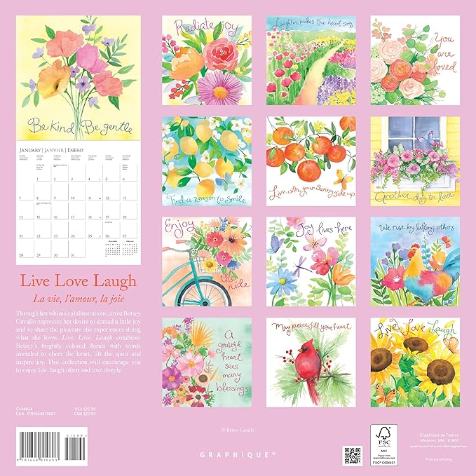 Graphique 2024 Live Love Laugh Wall Calendar | 12” x 12” | Thick Paper | Home & Office Organizer | Large Monthly Grid | 3 Languages & Marked Holidays | 4 Month Preview Page for 2025