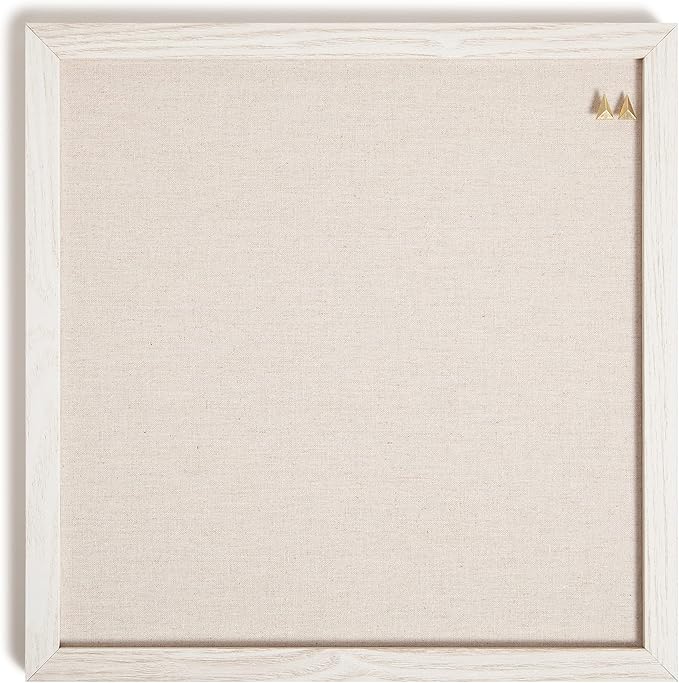 U Brands Rustic Linen Bulletin Board, 14"x14", White Wood Style Frame, Industrial Grade Pinning Surface, includes Push Pins