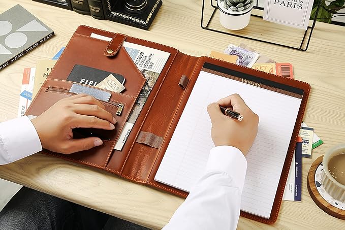 Personalized Leather Portfolio for Men, Engraved Leather Clipboard Portfolio Binder, Custom Leather Resume Padfolio for Women, Christmas Gift for His/Her (Notepad, Brown-Custom)