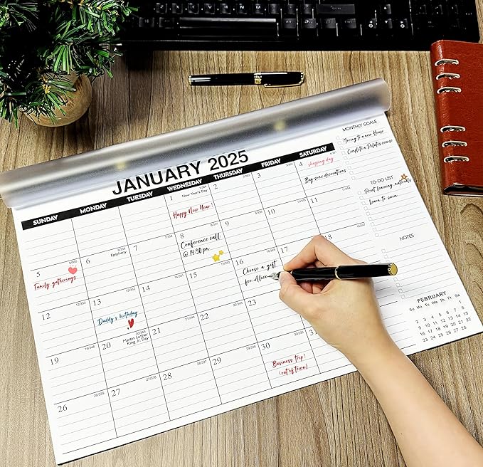 Desk Calendar 2025-2026 - 18-Month Desk/Wall Calendar, Jan 2025 - June 2026, 17" x 11.5", Thick Paper, Large Ruled Blocks, Clear Plastic Cover for Home School Office Easy Organizing