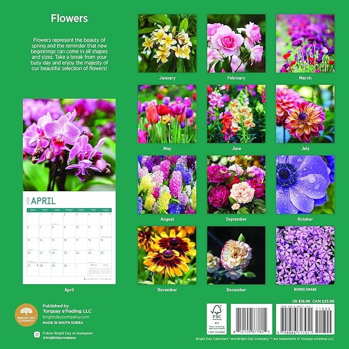 2025 Flowers Monthly Wall Calendar by Bright Day, Includes Over 300 Stickers, 12 x 12 Inch