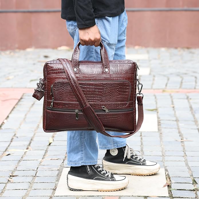 Crocodile Embossed leather bag for men, 5 Zipper Pockets with Spacious Compartments.,12 x 16 x 4 inches.