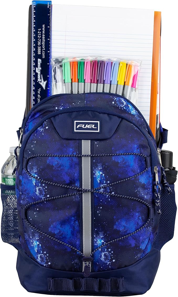 FUEL Hiking Backpack for Women Men Terra Sport, Travel, College, Gym, Work with Laptop Sleeve, Bungee, 18 Inches, Dark Blue Galaxy