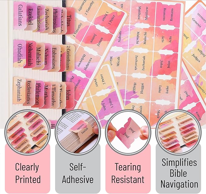 Mr. Pen- Bible Tabs, 75 Tabs, Spring Pink, Laminated Bible Tabs for Women and Men, Bible Tabs for Study Bible, Bible Index Tabs, Bible Book Tabs, Bible Labels Tabs, Mr Pen Bible Tabs