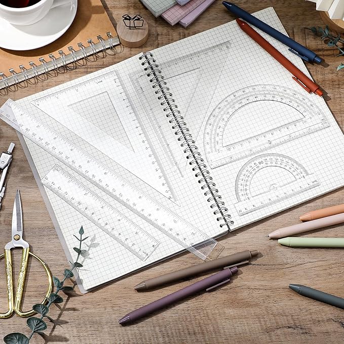 Tenare 6 Pcs Plastic Ruler Math Set Includes 12 Inch 6 Inch Straight Ruler Protractor Triangle Rulers Geometry Transparent Math Ruler Measuring Tools for School Office Home(Clear)