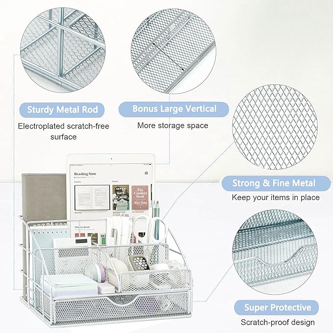 Dream Color Desk Accessories, Office Desk Organizers and Accessories Supplies with Mesh Desk Organizer, Tape Dispenser, Stapler, Staples, Ballpoint Pen, Clips Set, Ruler, Scissor, Sticky Tabs
