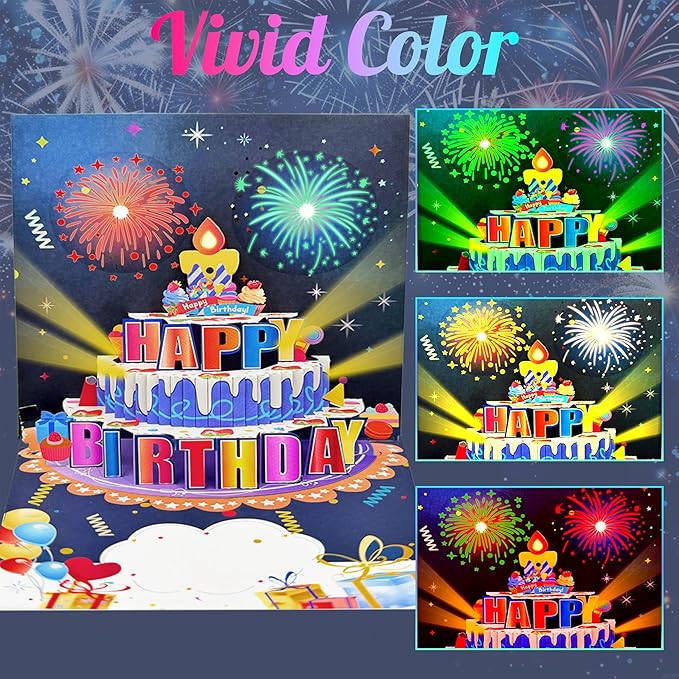Birthday Cards, Pop Up Firework Birthday Cards, Musical and LED Lights Happy Birthday Card with Blowable Birthday Cake, Happy Birthday Gift Card for Mom Women Men Dad Kids Husband Wife