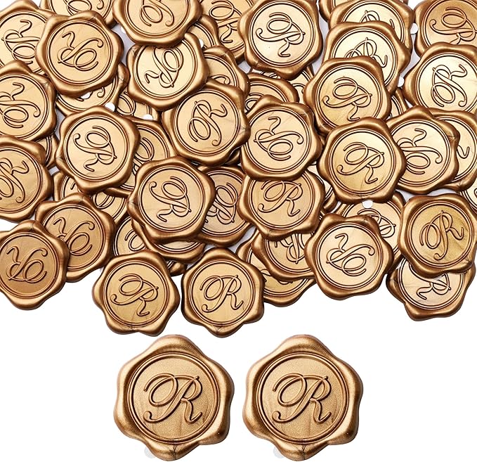 Yoption Initial R Wax Seal Stickers, 100 Pack Antique Gold Letter Self Adhesive Envelope Sealing Stickers for Wedding Party Birthday Christmas (R)