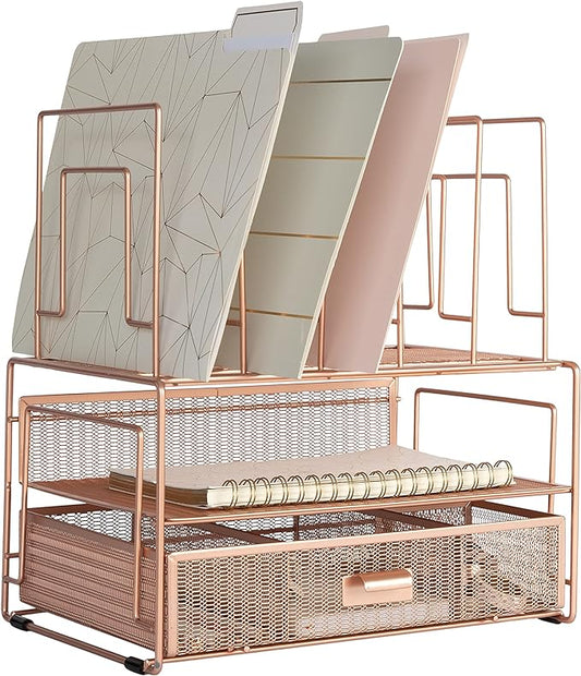 BLU MONACO Workspace Rose Gold Desk Organizers and Storage Accessories Desktop Rack File Organizer with File sorters and Drawer for Office Supplies - Cute Desk Organizer